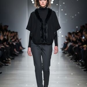 Love Token Black Knit Cape Shawl with Faux Fur Trim